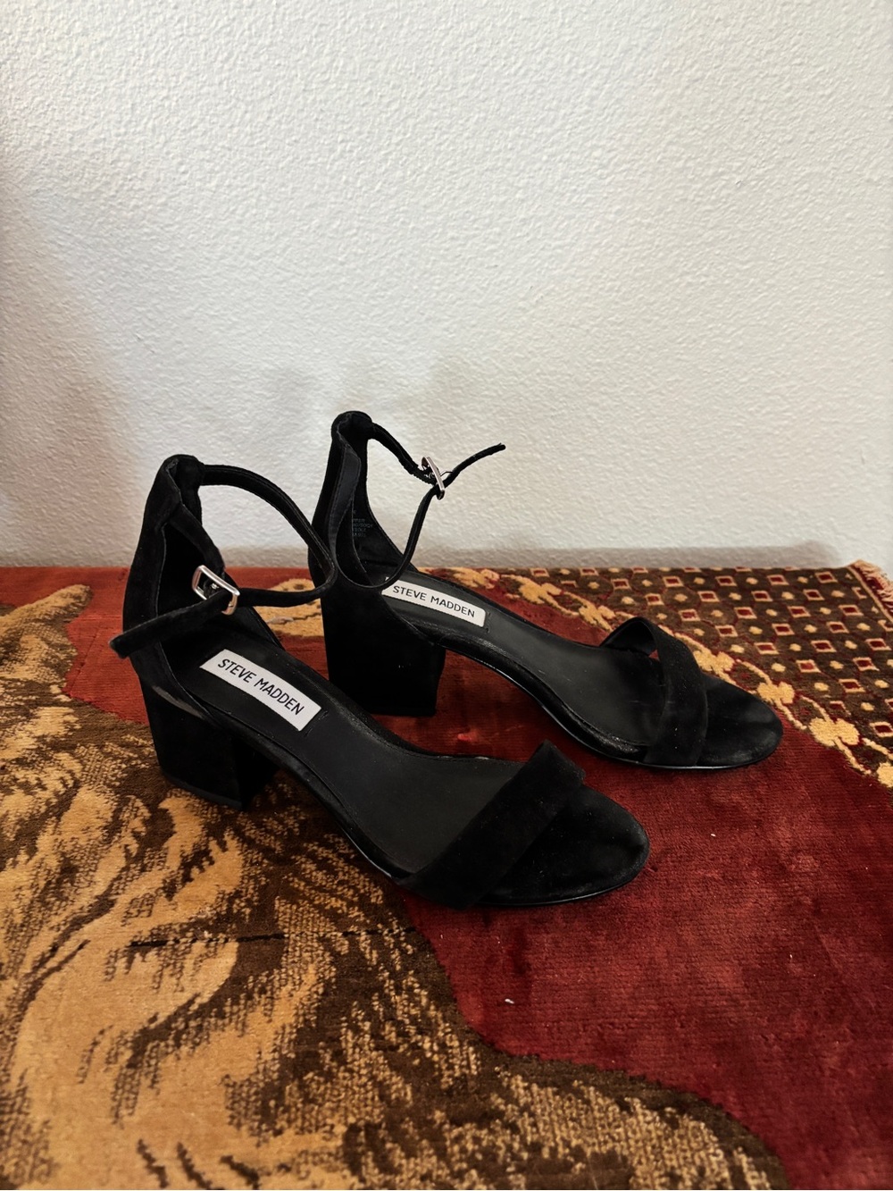 Steve Madden Black Suede Ankle Strap Block Heels